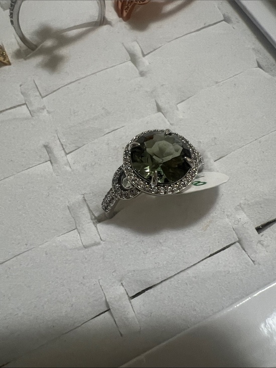 Jewelry - Silver Ring with Olive Green Center Stone and Pavé Accents